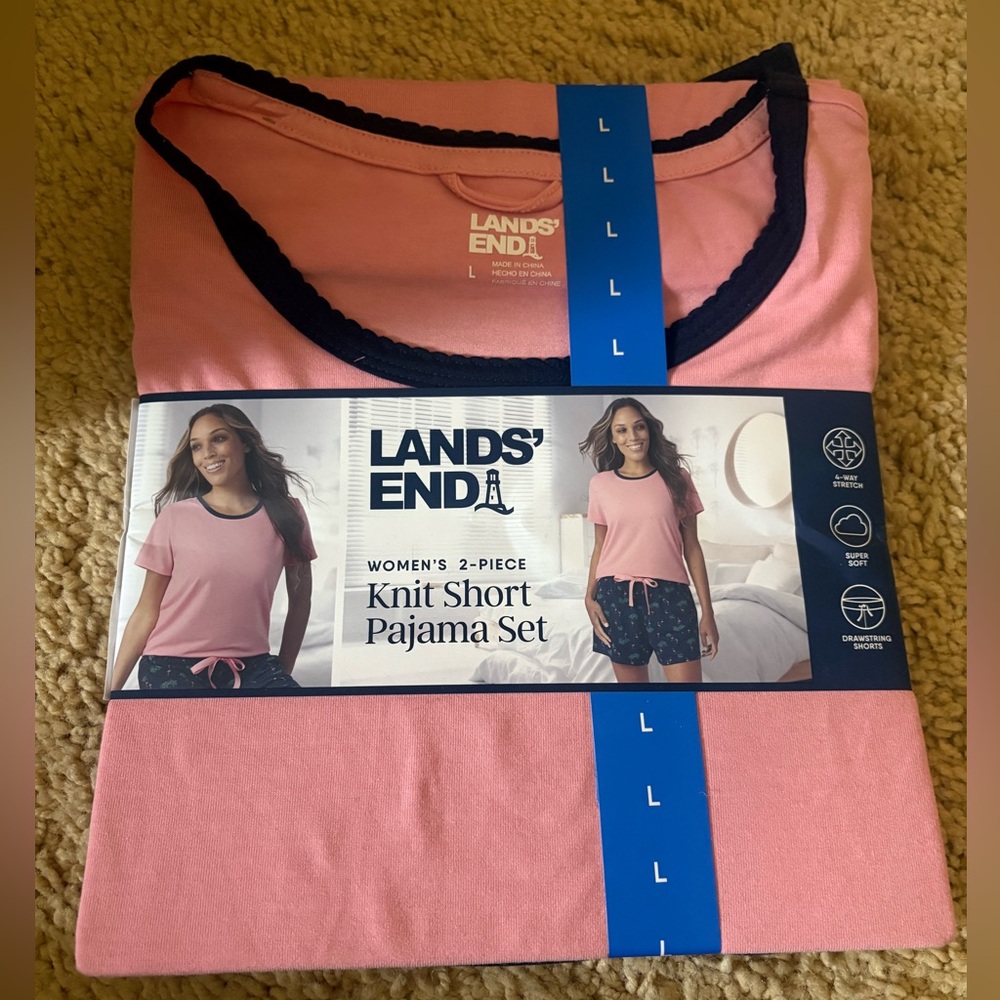 Lands' End Women's Knit Short Pajama Set - Pink with Navy Trim